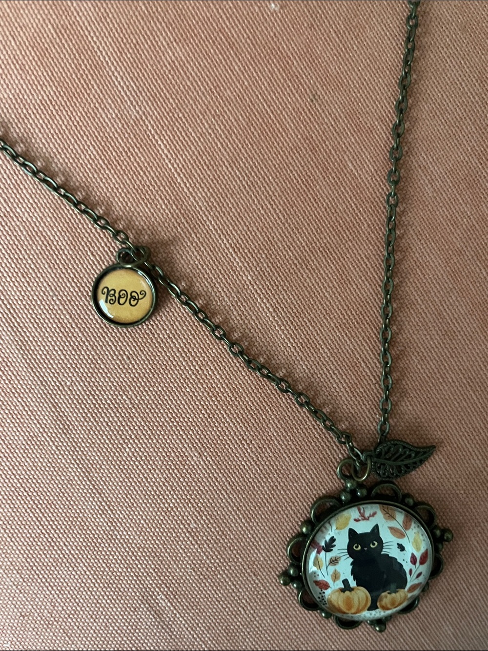 Black Cat Pumpkin Pendant Necklace - Bronze Tone